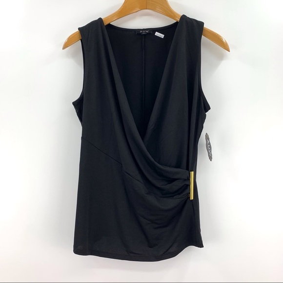 AUW NWT Black Wrap Front V-neck Ruched Sleeveless Top, Medium - Picture 12 of 16
